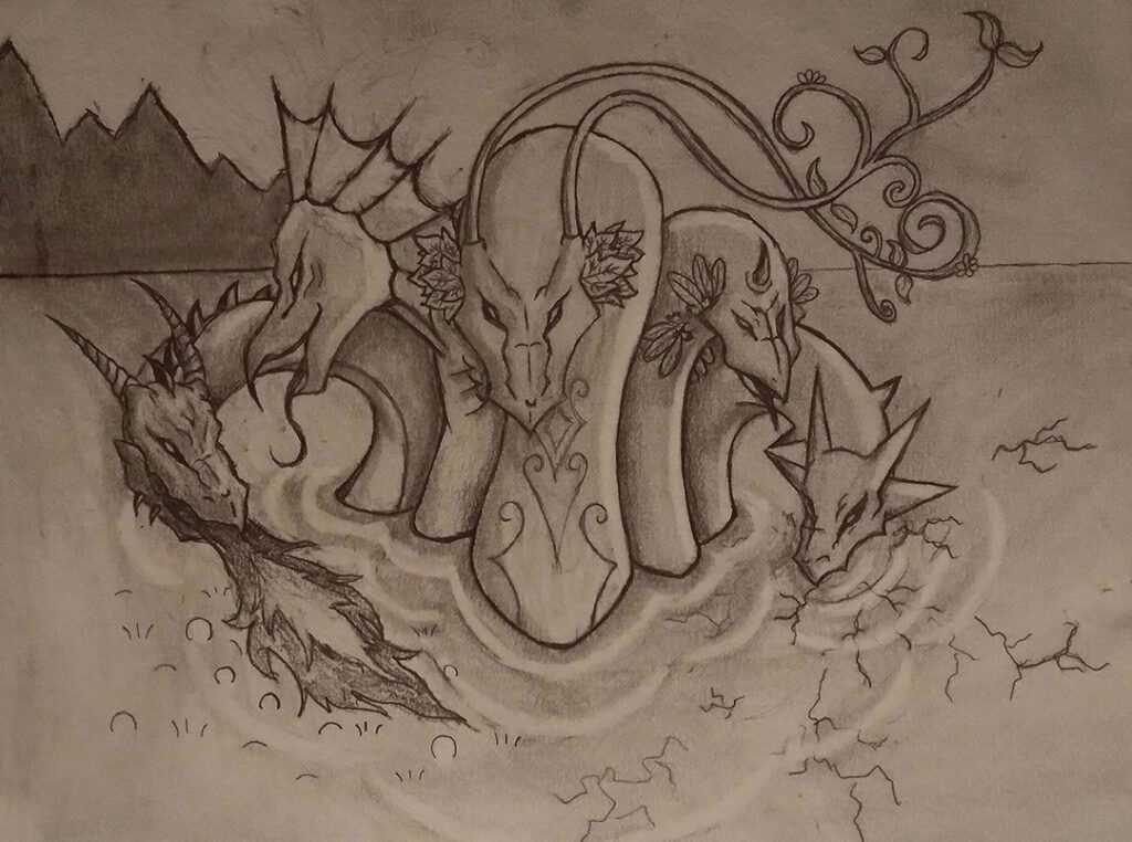 drawing of dragon heads by Cydney Woolley